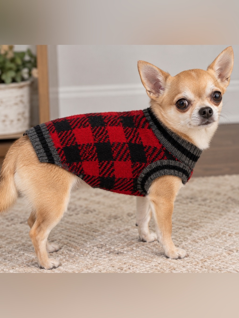Cozy Red & Black Plaid Dog Sweater - Small Breed